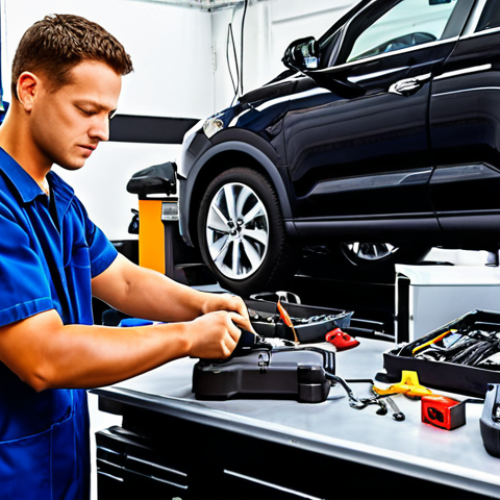 Home 18 **A bustling auto repair shop. Mechanics are working on various cars, one mechanic is using a diagnostic tool on a modern electric vehicle, showcasing technology and traditional repair side-by-side.**