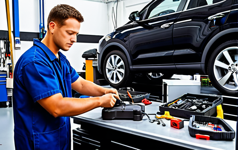 **A bustling auto repair shop. Mechanics are working on various cars, one mechanic is using a diagnostic tool on a modern electric vehicle, showcasing technology and traditional repair side-by-side.**