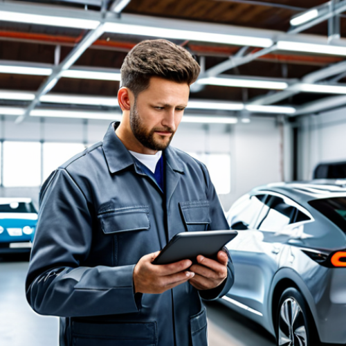 Home 8 A professional male car mechanic, fully clothed in a modest, clean grey work uniform with appropriate attire, meticulously performing diagnostics on a modern electric vehicle (EV) with a digital tablet in a brightly lit, state-of-the-art auto workshop. The background features other advanced vehicle service bays and charging stations. The mechanic is standing in a natural pose, demonstrating perfect anatomy and correct proportions, with well-formed hands properly counting fingers. The atmosphere is professional, showcasing high-quality, family-friendly, appropriate content, safe for work, professional photography, realistic rendering.