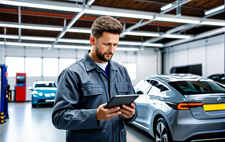 A professional male car mechanic, fully clothed in a modest, clean grey work uniform with appropriate attire, meticulously performing diagnostics on a modern electric vehicle (EV) with a digital tablet in a brightly lit, state-of-the-art auto workshop. The background features other advanced vehicle service bays and charging stations. The mechanic is standing in a natural pose, demonstrating perfect anatomy and correct proportions, with well-formed hands properly counting fingers. The atmosphere is professional, showcasing high-quality, family-friendly, appropriate content, safe for work, professional photography, realistic rendering.