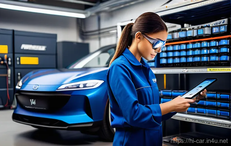 자동차정비사로서 기술을 발전시키는 방법 - **A highly skilled and professional female mechanic, wearing a clean, dark blue jumpsuit with her co...