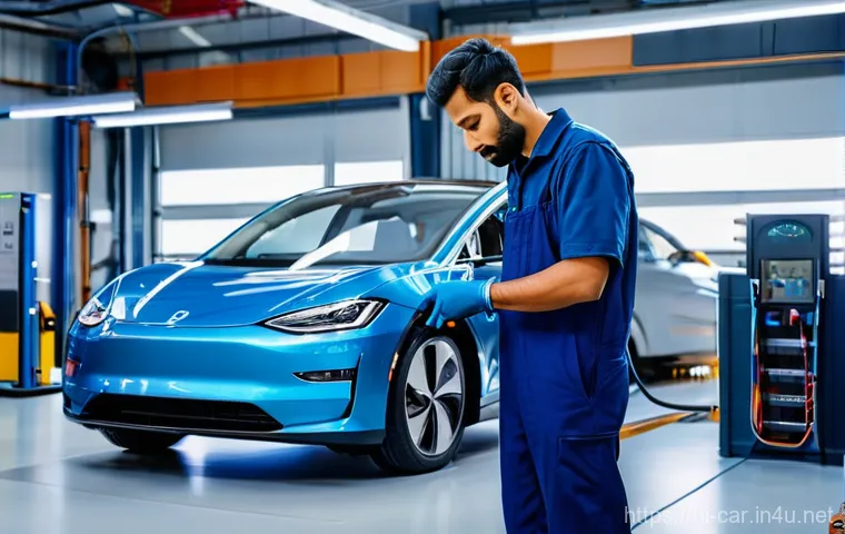 자동차정비사 근무 환경과 장단점 - **A highly skilled Indian mechanic in a modern, well-lit electric vehicle (EV) service center.** The...