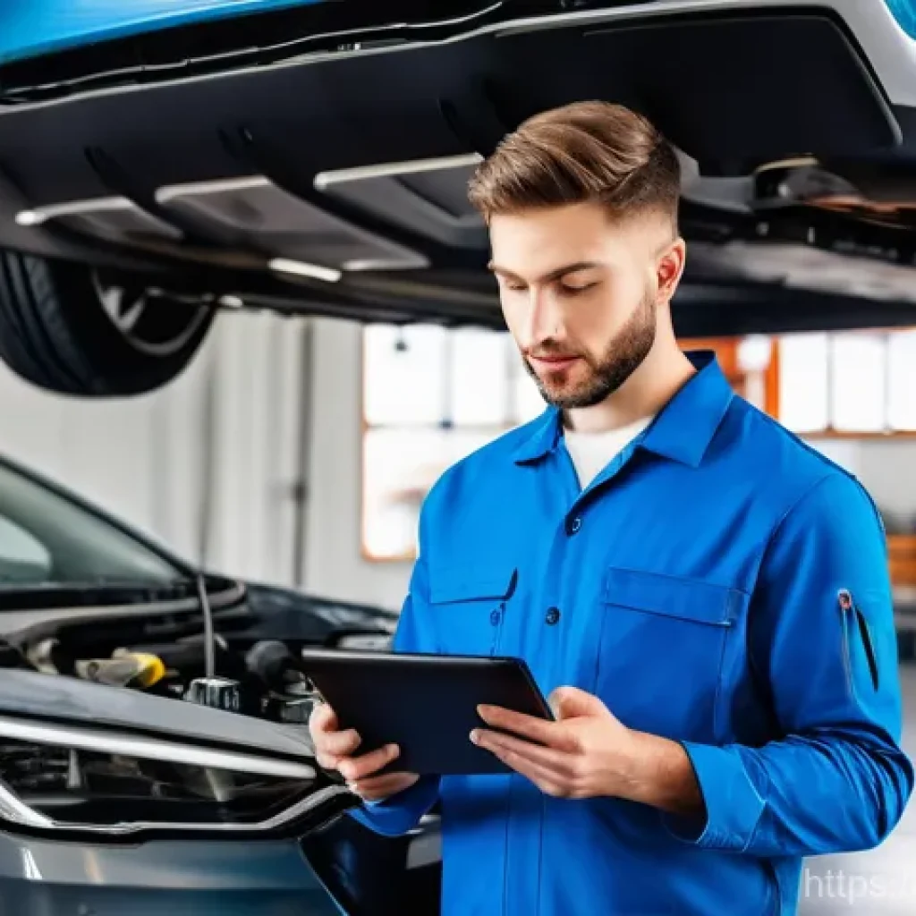 자동차정비사의 커리어 패스 - **Prompt:** A focused, professional young male mechanic, wearing a clean, modern garage uniform (ove...