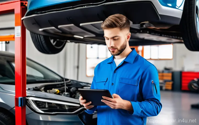 자동차정비사의 커리어 패스 - **Prompt:** A focused, professional young male mechanic, wearing a clean, modern garage uniform (ove...