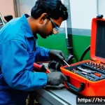 자동차정비 실기 시험 필수 장비 - A highly detailed workshop scene showing a Hindi-speaking mechanic using a full set of screwdrivers ...
