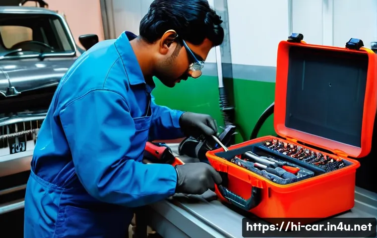 자동차정비 실기 시험 필수 장비 - A highly detailed workshop scene showing a Hindi-speaking mechanic using a full set of screwdrivers ...