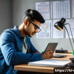 자동차정비 자격증을 위한 모의고사 준비 - A focused young Indian male student sitting at a neat study desk in a quiet room, surrounded by auto...