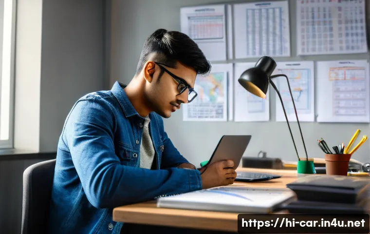 자동차정비 자격증을 위한 모의고사 준비 - A focused young Indian male student sitting at a neat study desk in a quiet room, surrounded by auto...