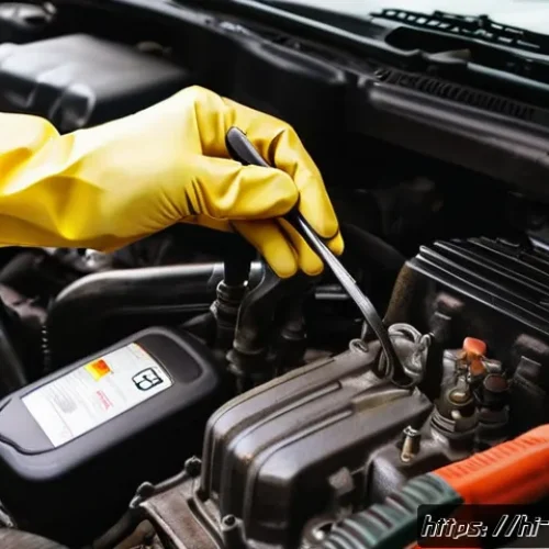 자동차정비 실무에서 흔히 발생하는 고장 사례 - A detailed, realistic close-up of a mechanic&rsquo;s hands wearing gloves, carefully checking and changing...