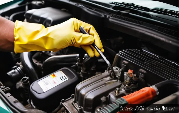자동차정비 실무에서 흔히 발생하는 고장 사례 - A detailed, realistic close-up of a mechanic’s hands wearing gloves, carefully checking and changing...