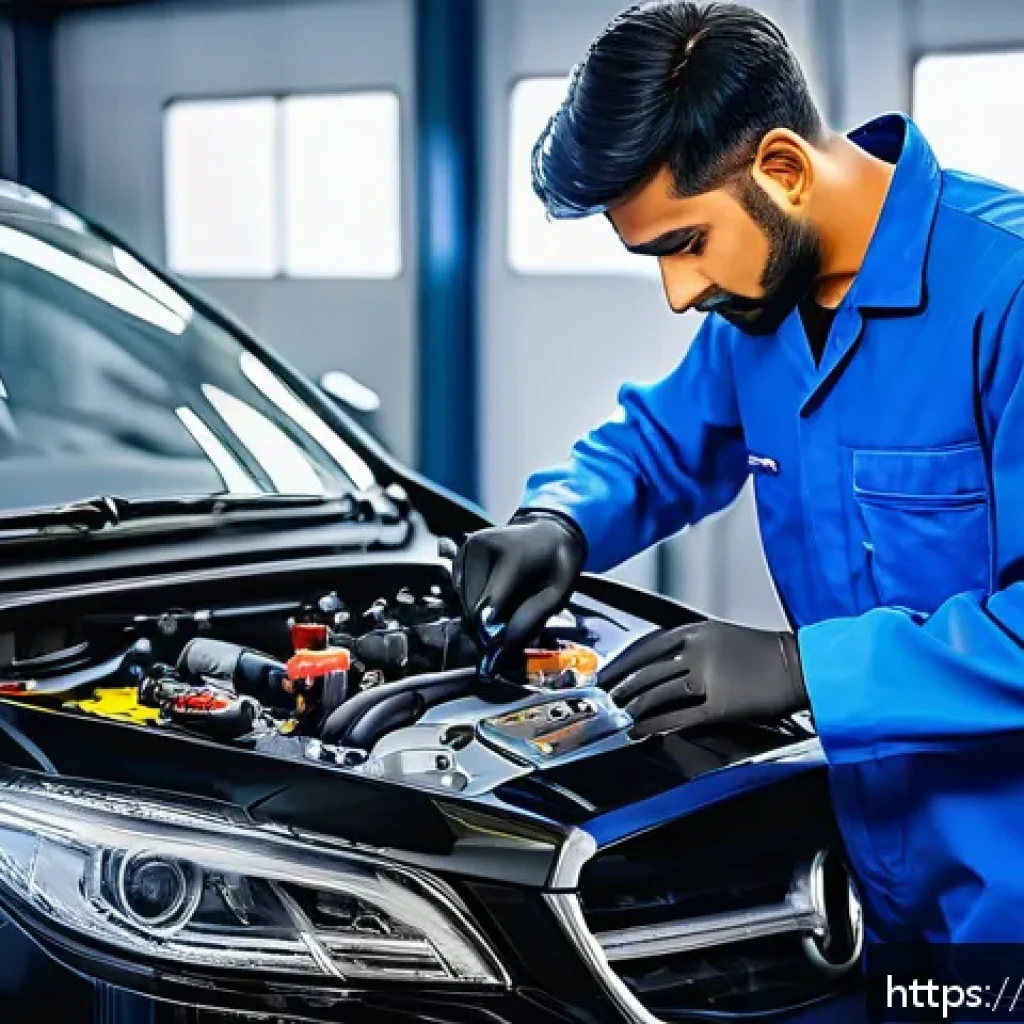 자동차정비 자격증과 자동차 튜닝과의 관계 - A professional automobile technician in a modern workshop, wearing branded coveralls and safety glov...