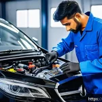 자동차정비 자격증과 자동차 튜닝과의 관계 - A professional automobile technician in a modern workshop, wearing branded coveralls and safety glov...