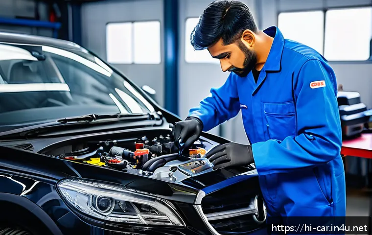 자동차정비 자격증과 자동차 튜닝과의 관계 - A professional automobile technician in a modern workshop, wearing branded coveralls and safety glov...