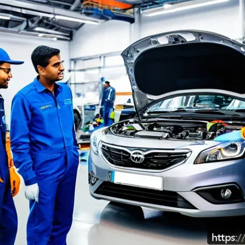 자동차정비사 경력 쌓기 좋은 회사 추천 - A modern automotive workshop scene in India, featuring skilled mechanics wearing clean uniforms and ...