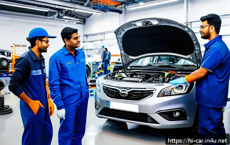 자동차정비사 경력 쌓기 좋은 회사 추천 - A modern automotive workshop scene in India, featuring skilled mechanics wearing clean uniforms and ...